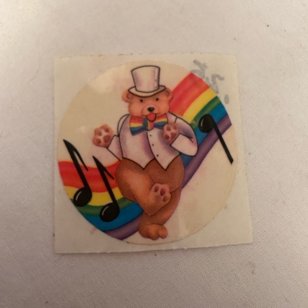 VTG 80s Lisa Frank Dancing Bear Mini Sticker - Purple Background - Rainbow Tie